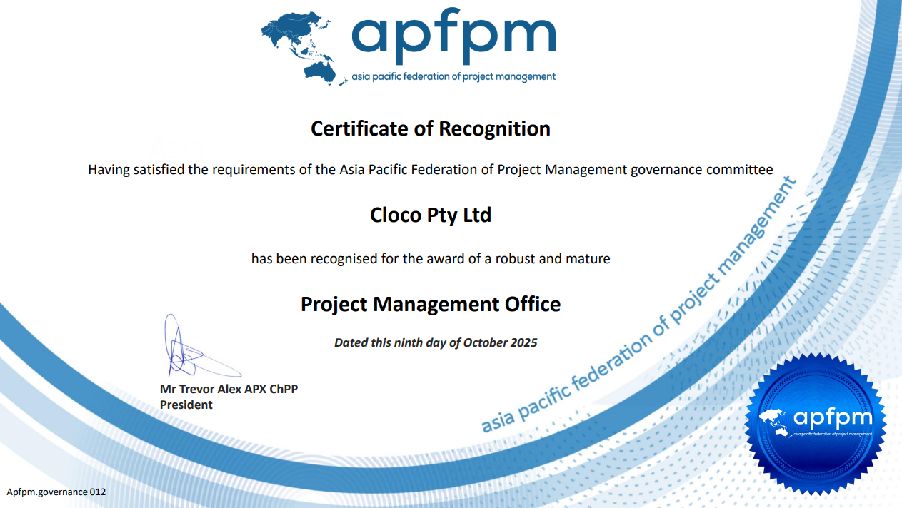 APFPM Certificate of Recognition — Cloco Pty Ltd